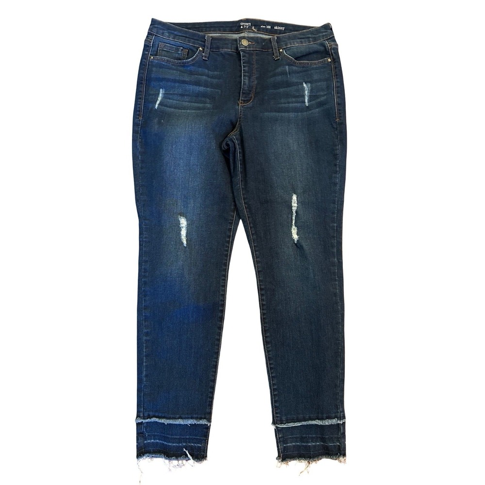 Size 16R Skinny Crown & Ivy Womens Blue Jeans Pants Stretchy Distressed Fringe